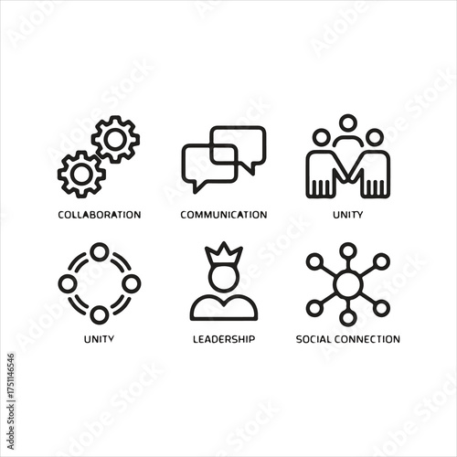 Visual Representation of Key Business Concepts Collaboration Communication Unity Leadership Social Connections Depicted with Clean Black and White Icons