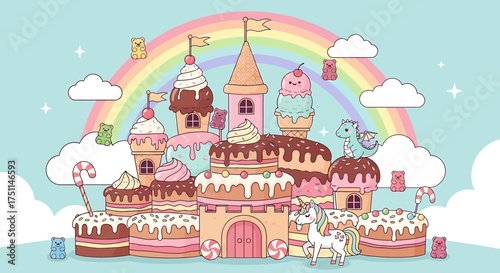 Magical Candy Kingdom Castle with Unicorn and Rainbow