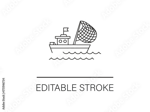 Minimalist fishing boat icon for modern logo design, ideal for nautical themes with editable stroke for easy customization.