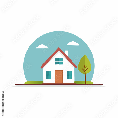 Illustration of a simplistic house with nature elements in a bright and cheerful style