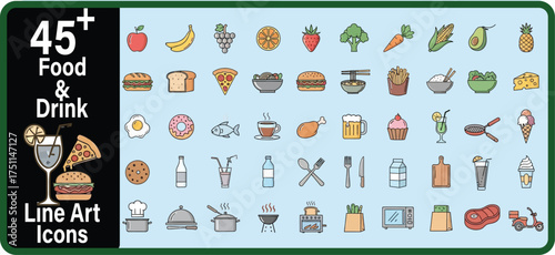 Food and Drink Line Art Icons Assortment apple banana.