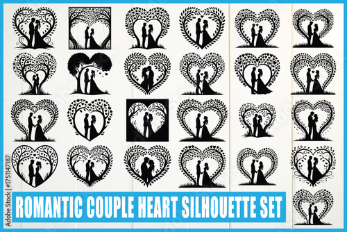 Romantic couple silhouettes in heart trees celebrate love