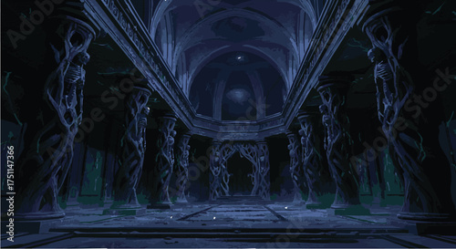 Eerie interior of a grand fantasy hall with monstrous caryatid columns lining a path to a distant archway