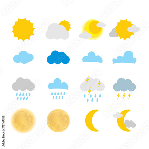 Diverse vector weather forecast symbols for daily atmospheric changes including sunny, cloudy, rainy, and lunar phases depicting Earth's climate patterns and meteorological conditions