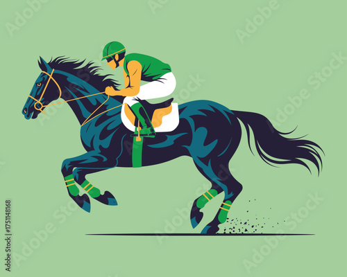 Rider in colorful racing gear controls fast horse on race track, illustrating thrilling moment of high-speed professional equestrian competition