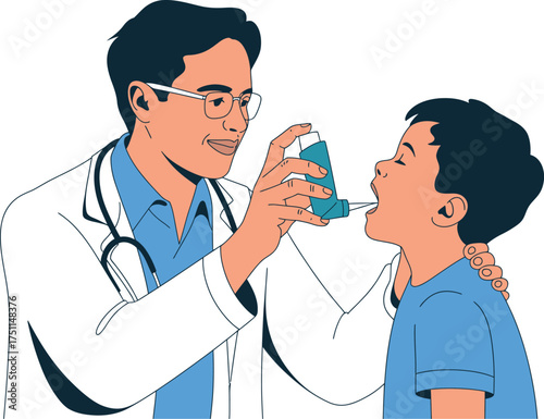 Vector art of doctor giving asthma inhaler to child for treatment