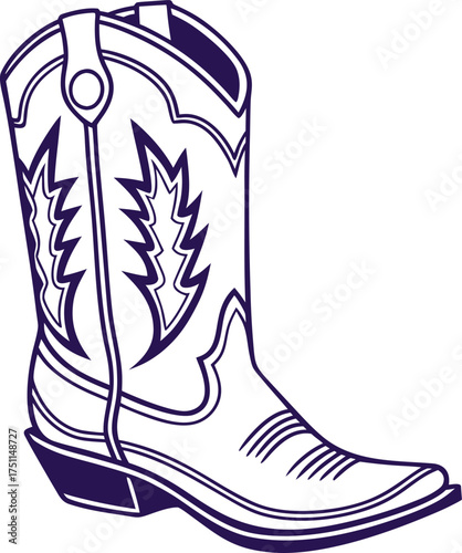 Vector art of a classic cowboy boot with intricate stitching and a pointed toe, isolated on a