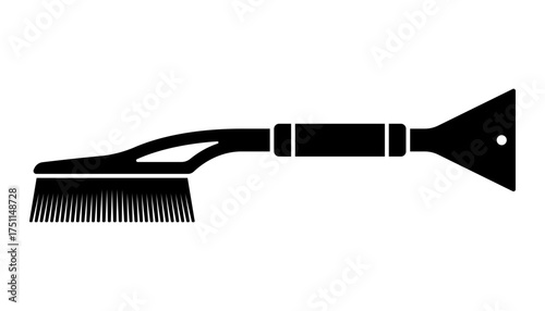 Car brush with a snow scraper. Black silhouette. Front and side view. Vector simple flat graphic illustration. Isolated object on a white background.