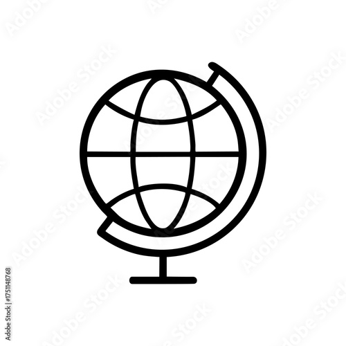 Vector art of a simple black and white line drawing of a globe on a stand, isolated on a