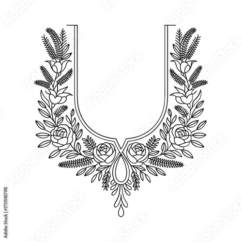 Elegant floral neckline embroidery design with rose and leaf motifs for apparel