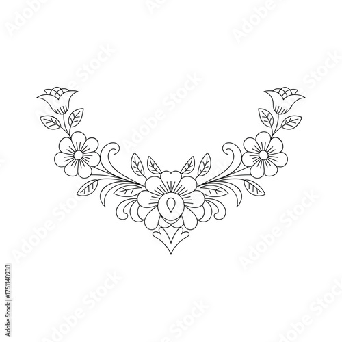 Elegant floral neckline design outline delicate flowers and gemstone accent intricate detail