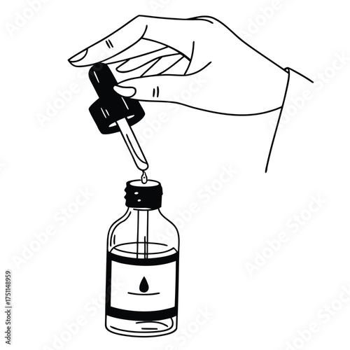 Hand Holding Pipette Dispensing Liquid into Dropper Bottle vector illustration