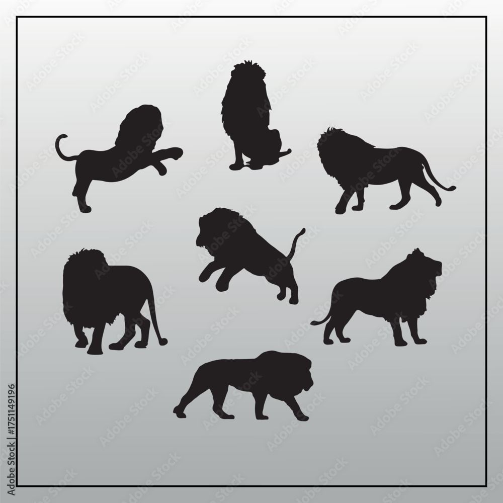 Naklejka premium Diverse Collection of Majestic Lion Silhouettes in Dynamic Poses for Wildlife and Safari-Themed Graphic Design