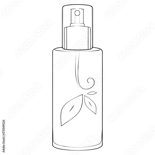Line art illustration of a spray bottle with leaf design on white background Keywords: spray bottle