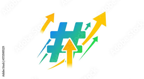 Hashtag with arrows pointing upwards represents trending topics, social media, and online popularity
