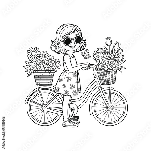 Whimsical cartoon girl with bicycle laden with flowers and garden supplies