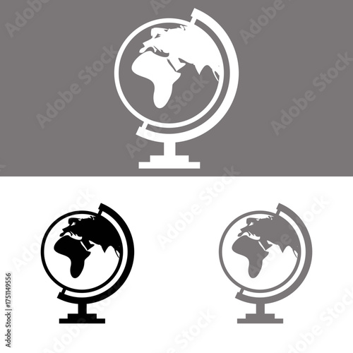  Globe icon set showing world map in white black and gray vector