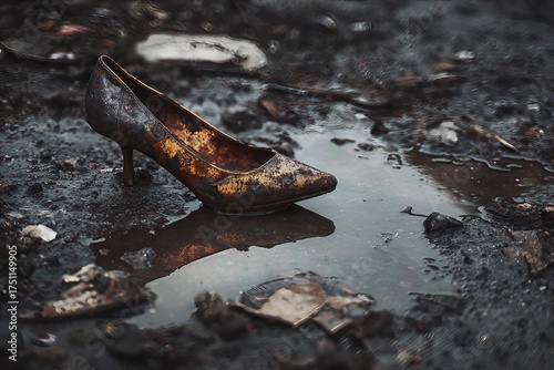 A single high-heel shoe stands in a muddy puddle with a clear reflection