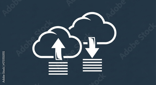 Cloud computing vector icon with document, upload and download arrows isolated on dark blue background for data storage and transfer concept
