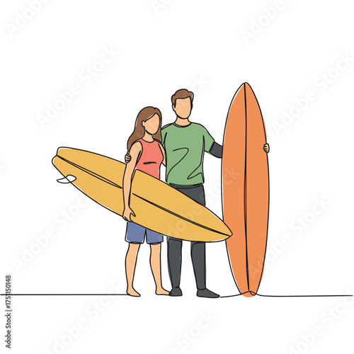 Couple holding surfboards and smiling together on white background  