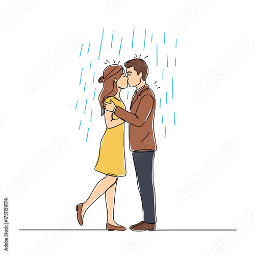 Couple kissing under rain in a romantic moment with love
