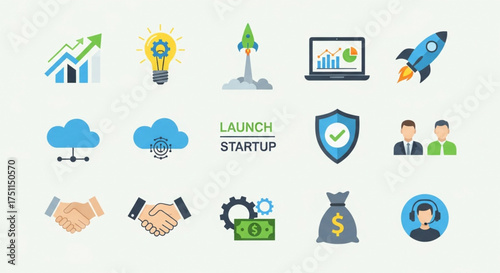 Startup and business icons, including growth charts, light bulbs, rockets, laptops, clouds, handshakes, gears, money bags, and customer support