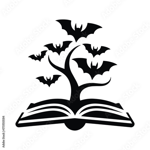 Mysterious halloween tree with bats emerging from an open book concept