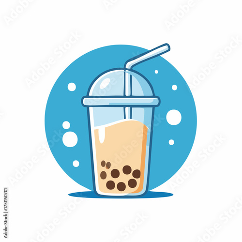 Illustrative Depiction of a Bubble Tea Cup with Pearls and a Straw Against a Blue Backdrop