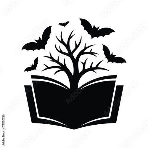 Mysterious open book with spooky tree and flying bats silhouette for halloween or fantasy themes