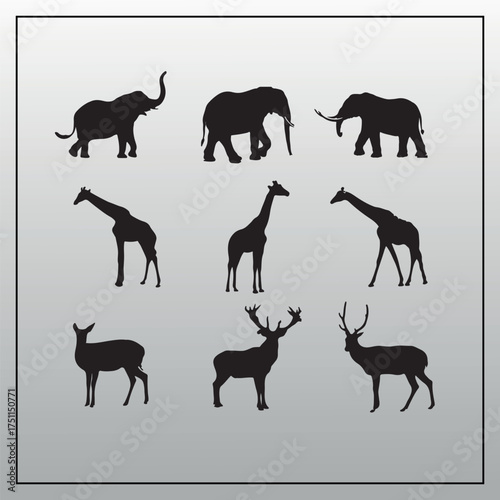 Collection of diverse wild animal silhouettes, featuring majestic elephants, graceful giraffes, and elegant deer in various dynamic poses for design