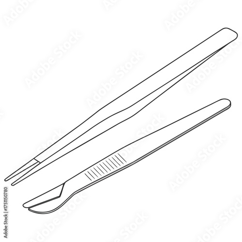 Line art illustration of two medical tweezers on a white background forceps laboratory