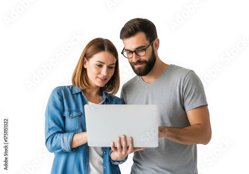 Young couple collaborating on laptop browsing the internet together in modern office isolated on transparent background