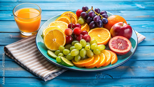 A beautifully arranged fruit blue plate with oranges, apples, grapes, and a glass of juice on white background