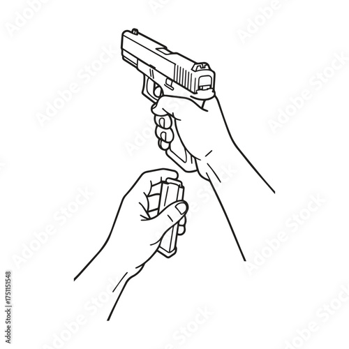 simple line art vector illustration of hands reloading a handgun
