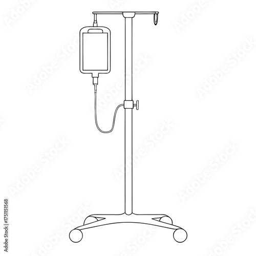 Medical IV Drip Stand Outline with Bag and Wheels on White Keywords: IV drip stand, intravenous drip