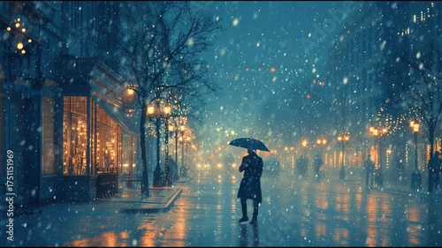Snow falls softly on a quiet street lined with glowing lights and cozy cafes during a winter evening stroll
