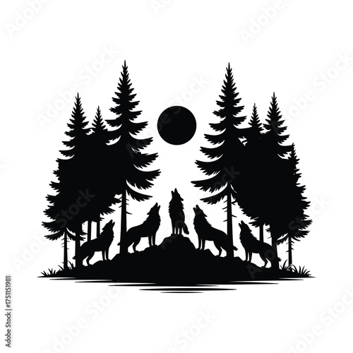Silhouette of a wolf pack howling at the full moon amidst dark pine trees at night