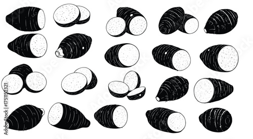 Taro Root Selection: A meticulously arranged collection of taro root cuts, showcasing the diverse textures and shapes of this versatile root vegetable.