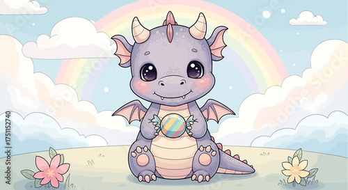 Cute Baby Dragon Holding Candy Under Rainbow Sky