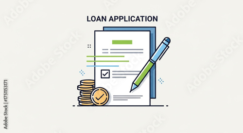 Loan application form with pen and coins for business finance concept, vector illustration design