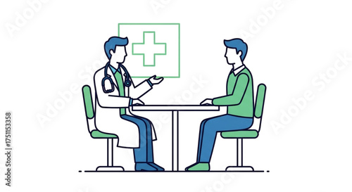 Doctor consulting patient, discussing health, treatment, and medical advice in a clinic or hospital setting