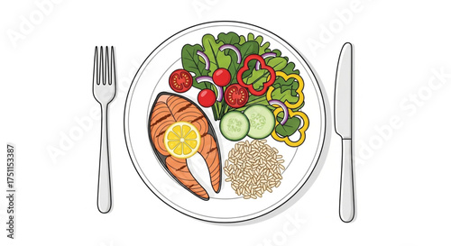Overhead shot of a healthy meal with grilled salmon, vegetables, and grains on a white plate fork and knife on the side