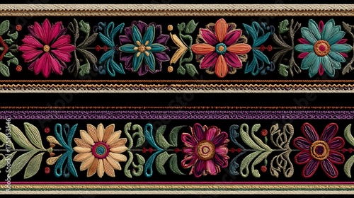 Ornamental borders inspired by folk embroidery patterns with repetitive stitch-like designs in colorful fabric tones