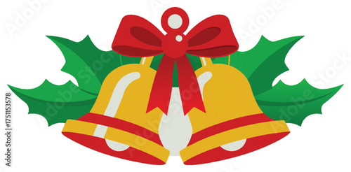 Holiday Bells with Red Ribbon and Holly Leaves Festive Decoration Season Greetings Clip Art