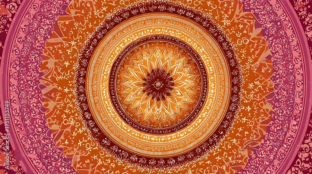 Fototapeta premium Radiant concentric cultural mandala design with layered floral and star motifs