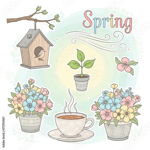 Springtime Serenity - Birdhouse, Blooms, and a Cup of Comfort.