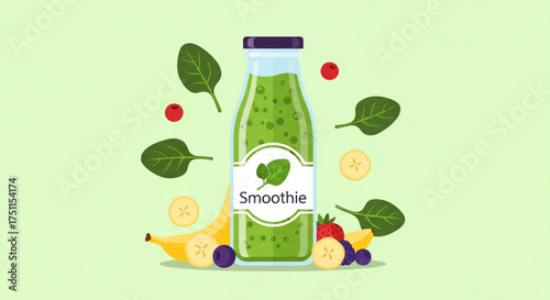 Green smoothie healthy smoothie with spinach, banana, strawberry, and blueberry detox drink for diet
