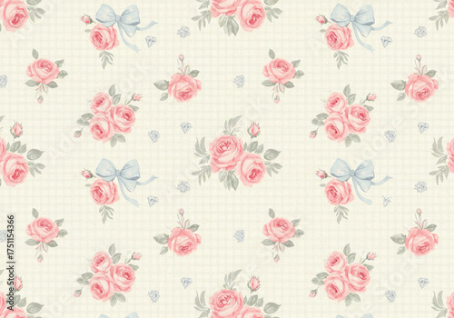 Romantic pink roses with blue bow and diamond pattern for elegant vintage wallpaper or textile designs
