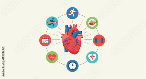 Illustration of a heart surrounded by health icons, representing cardiovascular health, fitness, and healthy lifestyle choices
