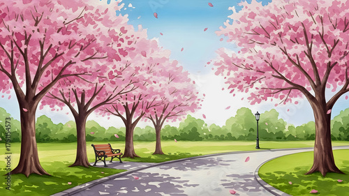 Watercolor Cherry Blossom Trees Lining a Park Path with Bench